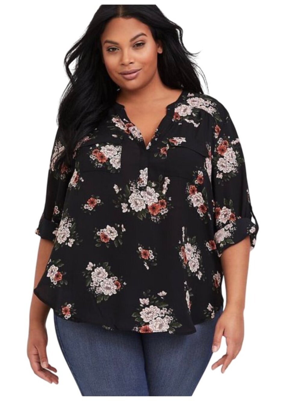 Torrid Harper Black Floral Blouse Women Size 4 3/4 Sleeve Lightweight Polyester